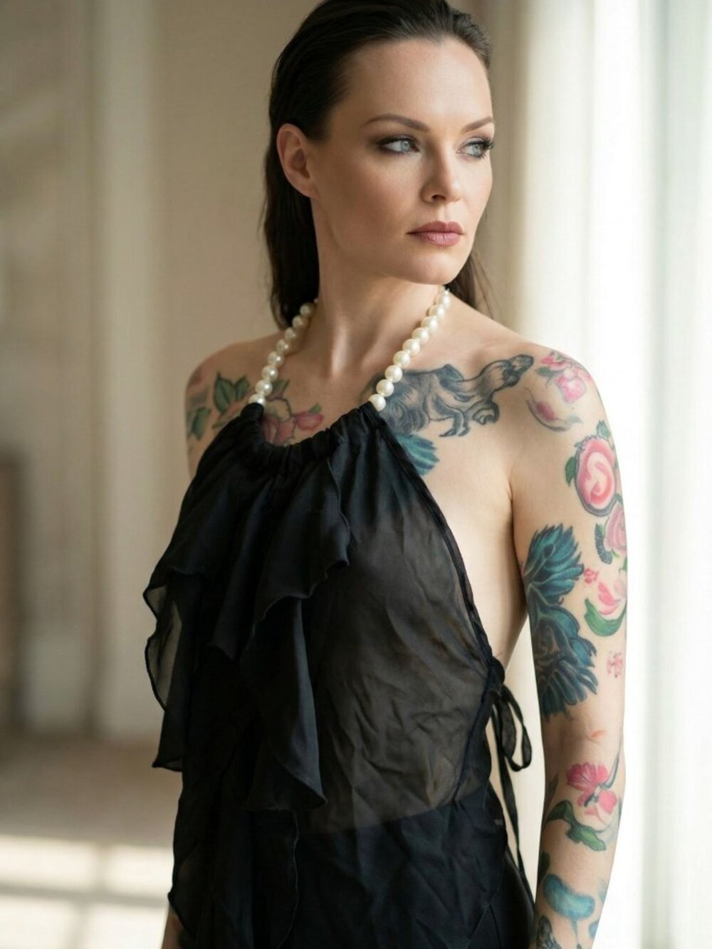 Symphony ✦ Black Pearl Halter Top ✦ Ruffled Layered Handkerchief Hem Size S